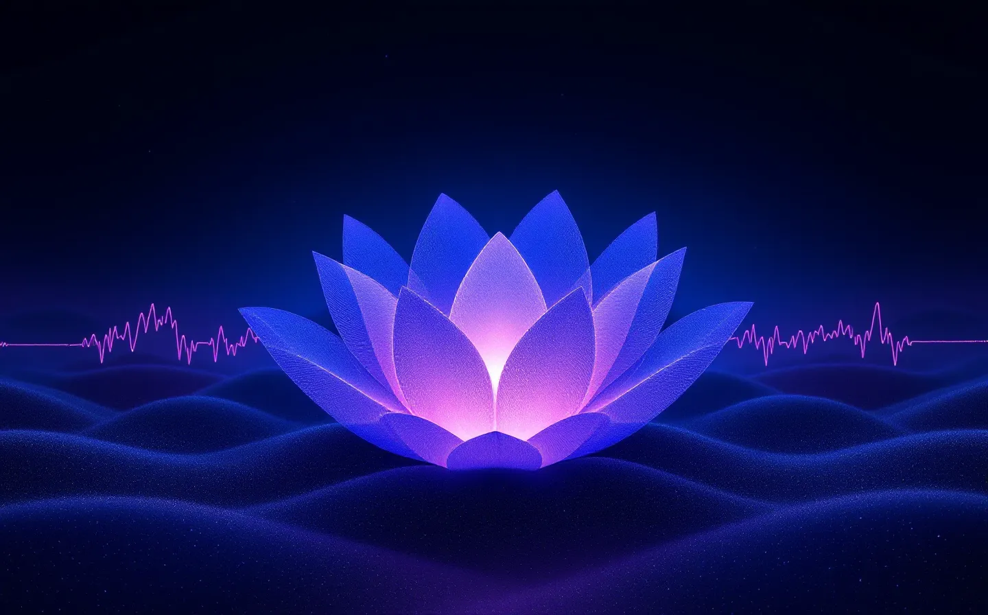 Abstract luminous violet bloom of concentric petal contours over a faint periwinkle waveform on a midnight ground